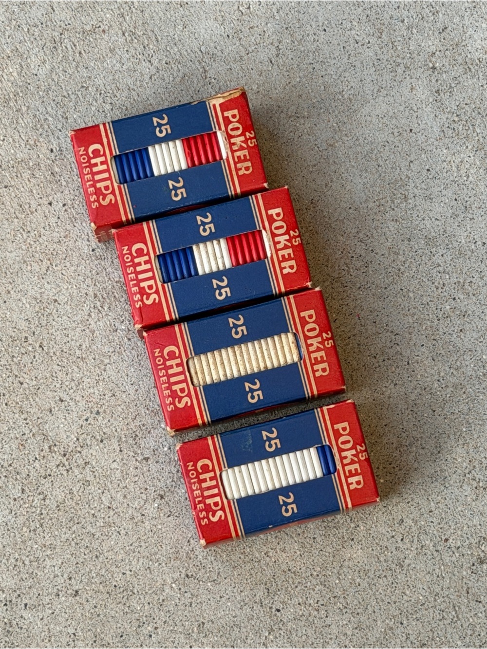 Vintage 1940s 50s Dennison Poker Chips 4 Box Lot Red White Blue Mid Century Game